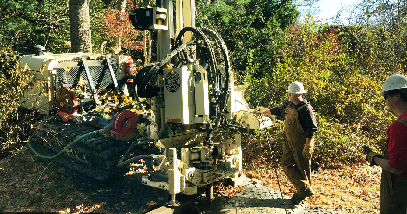 EPA drillers installing monitoring wells with a sonic drilling rig in Massachusetts